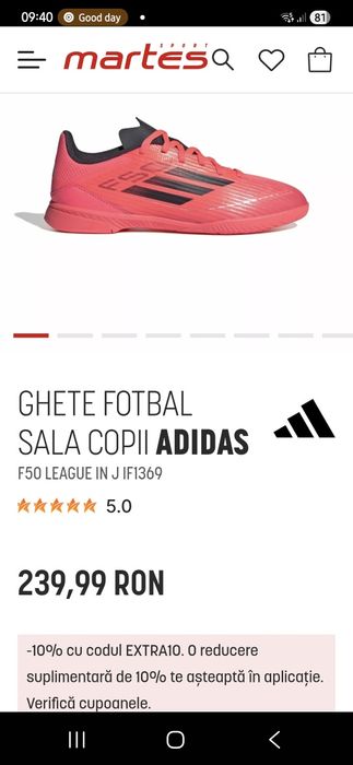 Ghete fotbal sala Copii ADIDAS
F50 LEAGUE IN J IF1369