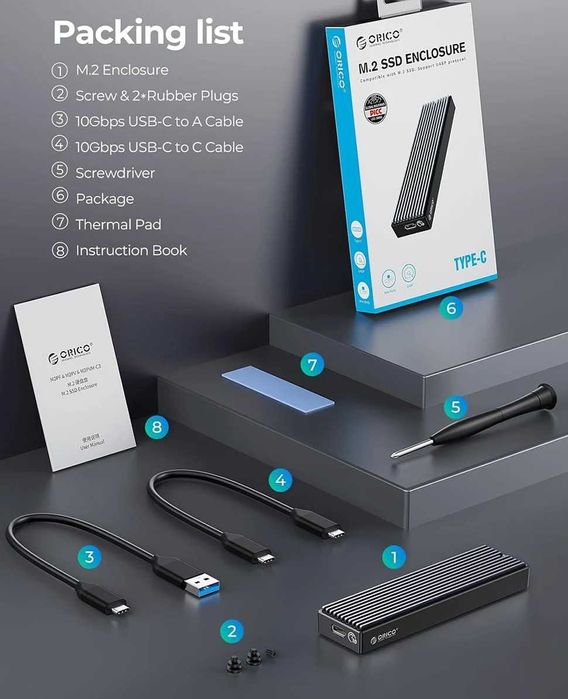 Carcasa ORICO M.2 SATA NVMe SSD Rack 10Gbps Extern USB 3.2 1TB 2TB