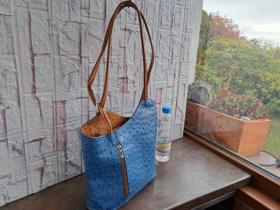 дамска чанта,раница,синя,кожена-естествена кожа