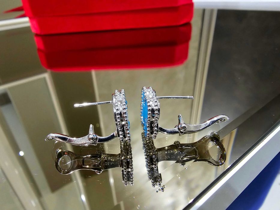 Van Cleef & Arpels VCA Silver Turquoise Alhambra Clips Дамски Обеци