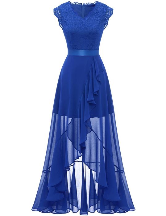 Rochie lungă elegantă Dressystar – model Vokuhila, albastru regal, măr