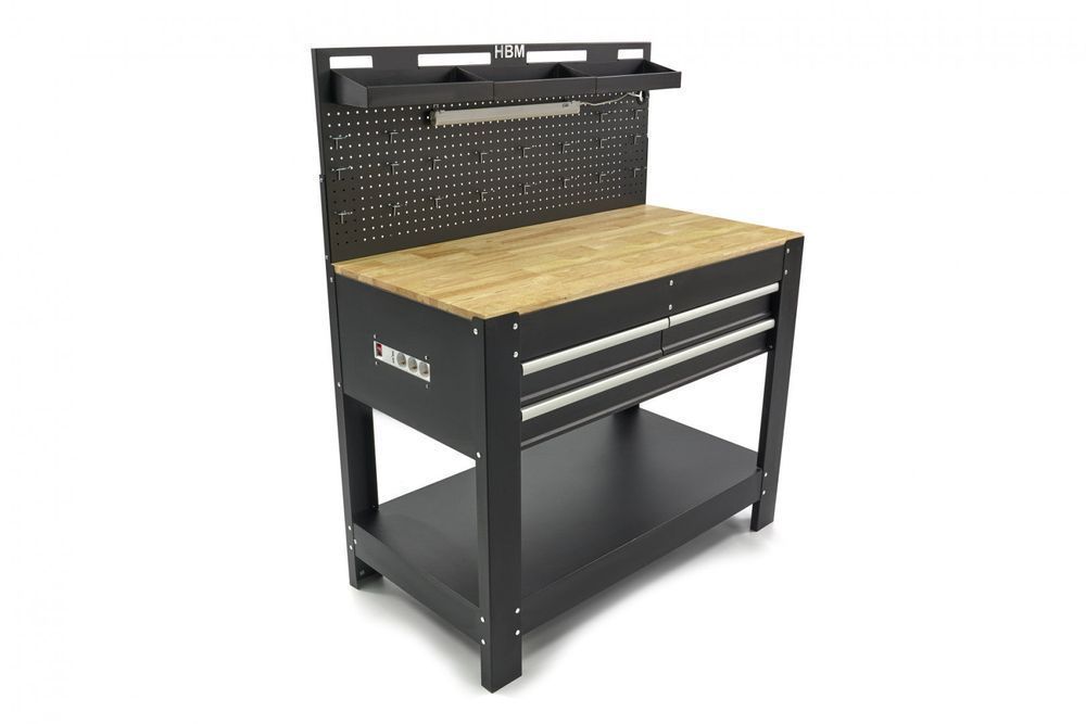 Banc de lucru metalic profesional 3 sertare, blat lemn masiv, panou il