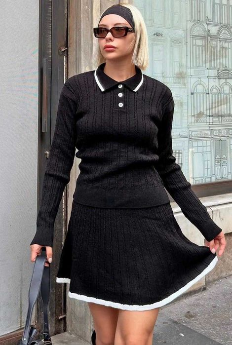 нов к-т блуза и пола в черно плетиво