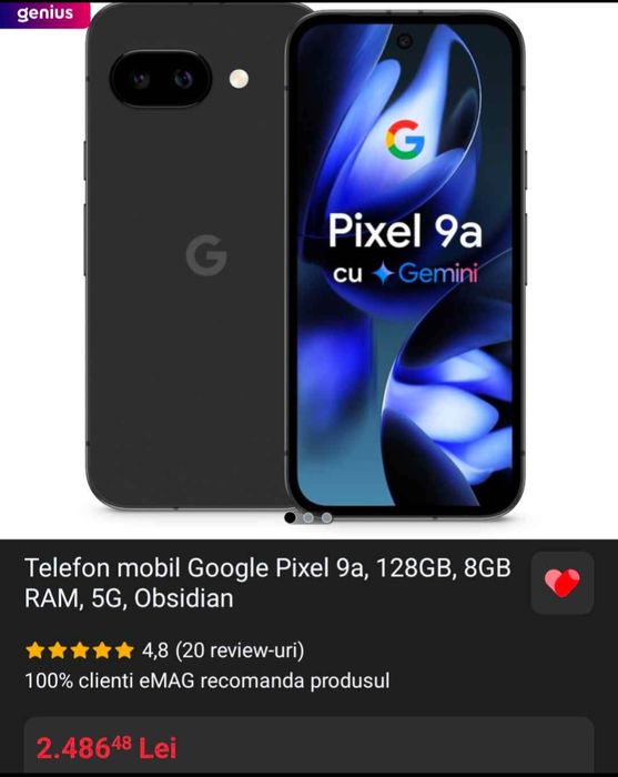 Telefon mobil Google Pixel 9a, 128GB, 8GB RAM, 5G, Obsidian