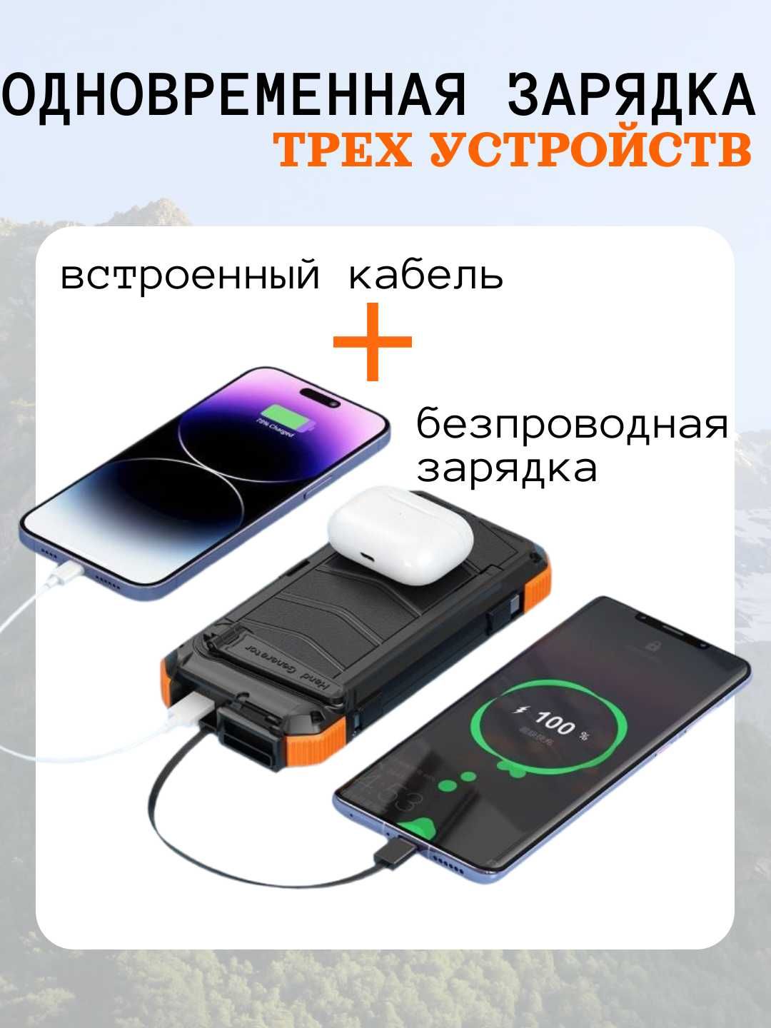 Powerbank с солнечной панелью. Кабеля Type-C, фонарь
