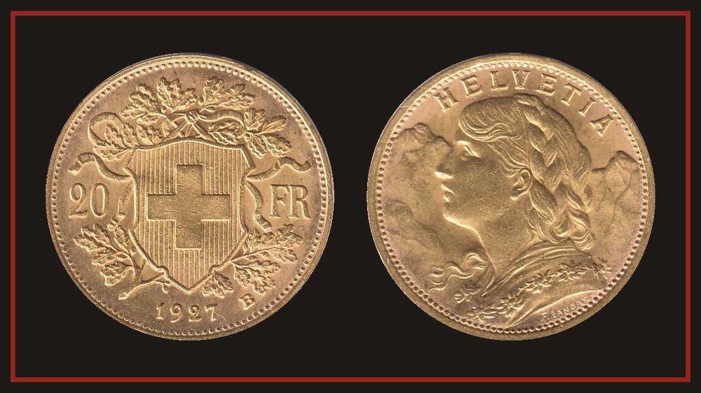 Златна монета, 20 франка 1927 г., Швейцария