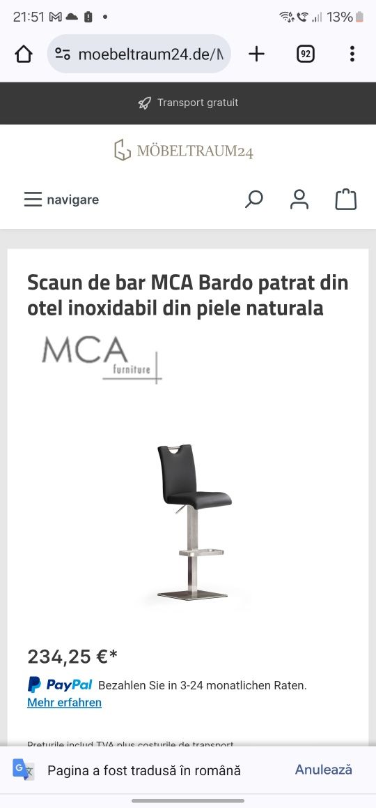 Scaun de bar MCA Bardo patrat din otel inoxidabil din piele naturala