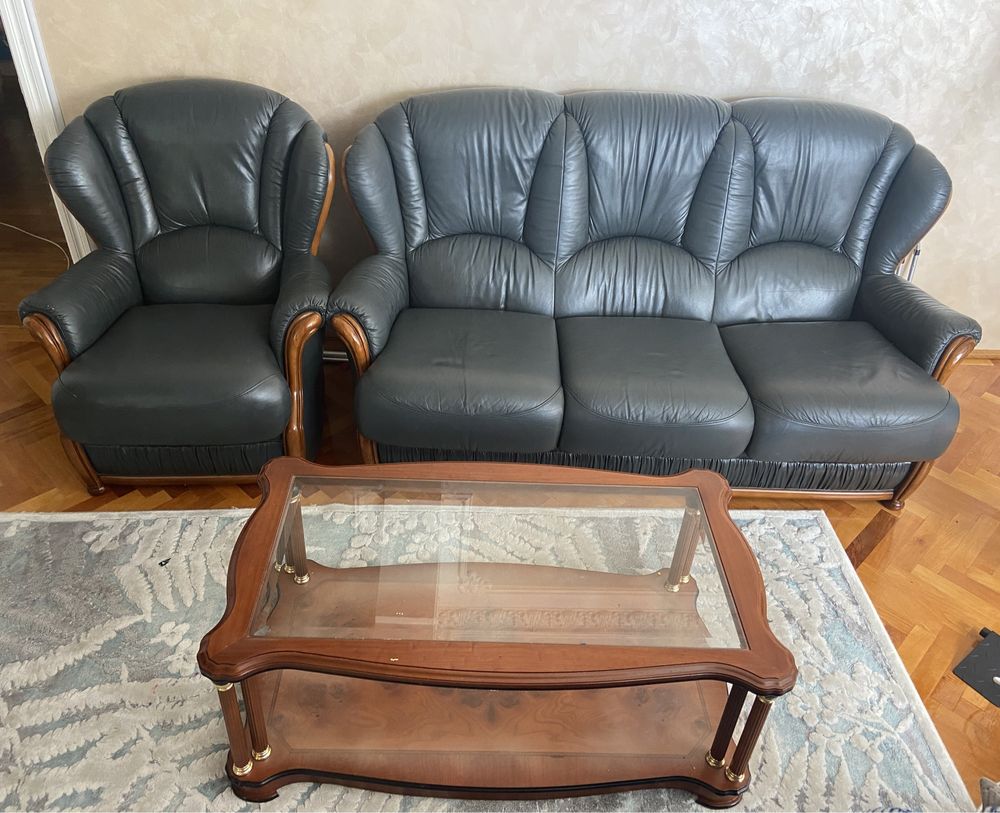 Canapea cu 2 fotolii din piele naturală și lemn masiv/ fără defecte