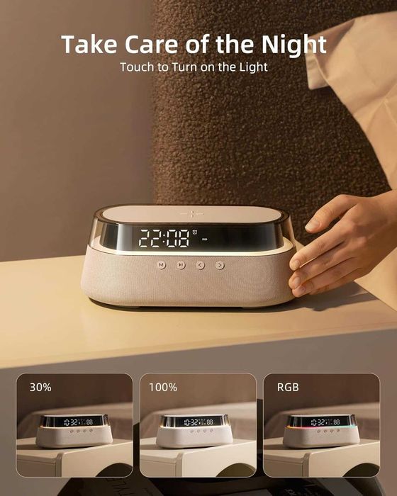 Ceas alarmă digital EZVALO 6în1,radio încărcare 15W,boxa Bluetooth,RGB