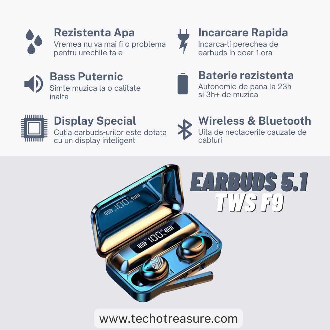 Casti wireless tip Ear Headphone Bluetooth 5.1 TWS F9 Earbuds