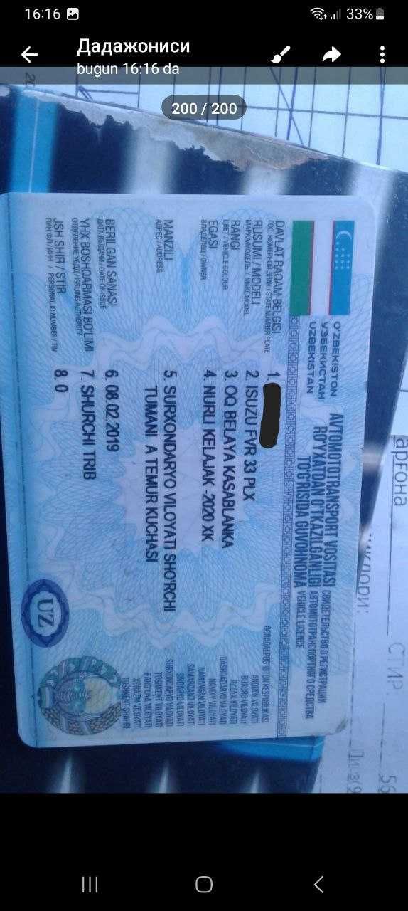 10 tonnalik ISUZU sotiladi