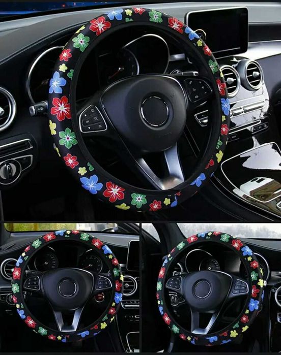 Велурен калъф на цветя и звезди за волан на женски автомобил