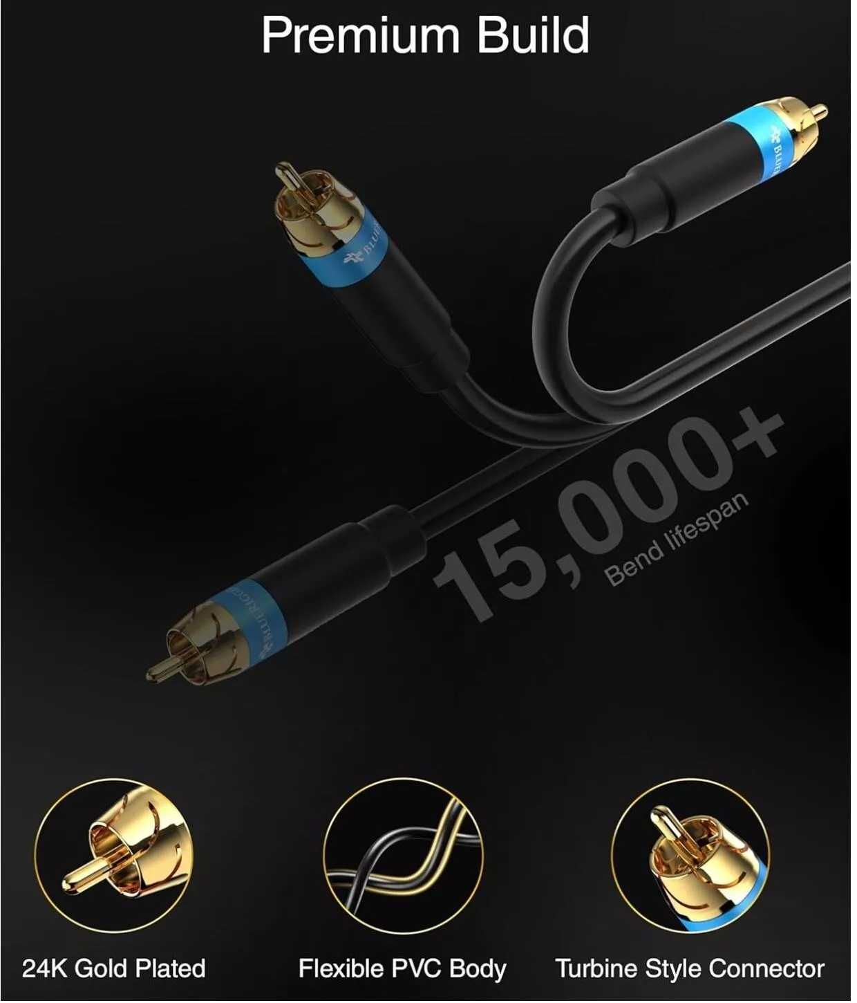Cablu subwoofer BlueRigger 4.5 metri RCA interconnect de calitate