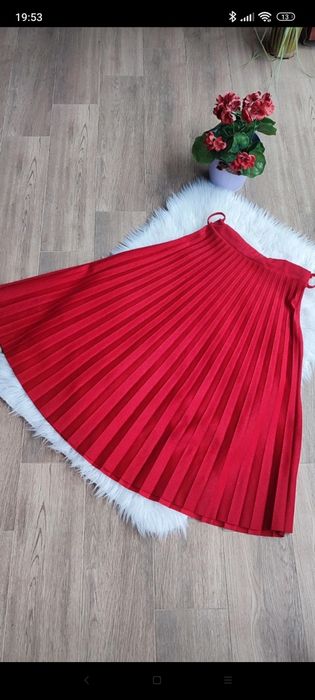 Fustiță midi plisată, Roșu purpuriu, bandă lată pe talie