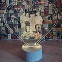 Lampa Led 3D – Inima & fotogravura, alimentare USB, 18×16 cm