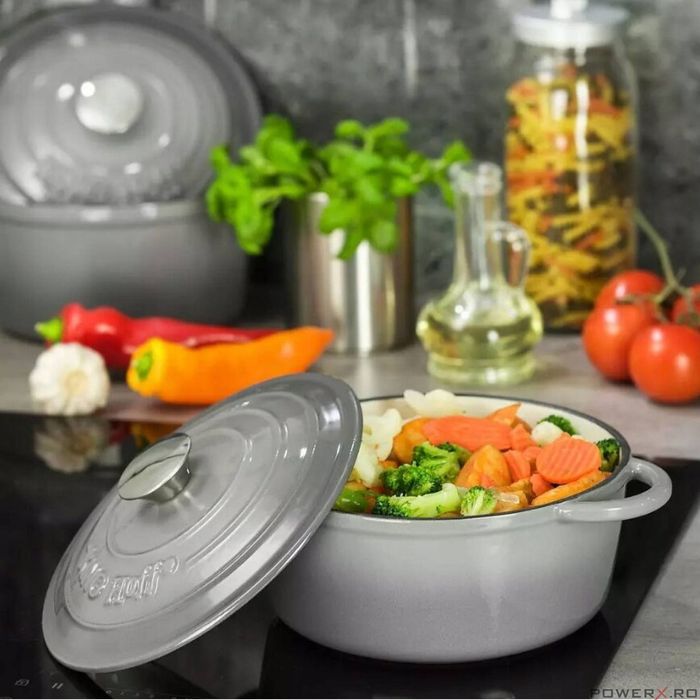 Oala din fonta emailata 2.4 litri, 21cm, cratita cu capac, gri,