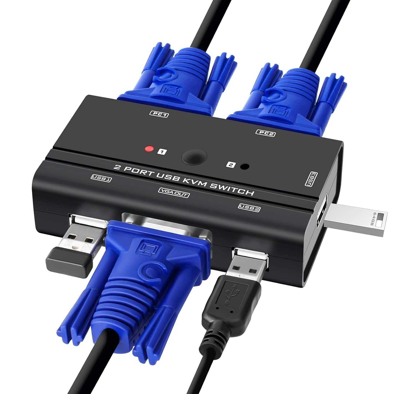 TCNEWCL 2 port KVM Switch Comutator VGA 2în1,3 USB 2.0 1080P Full HD