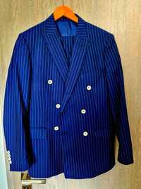 Costum 50/52 Alberto Dobre 100% Lâna,Albastru Dungi,pantaloni conici
