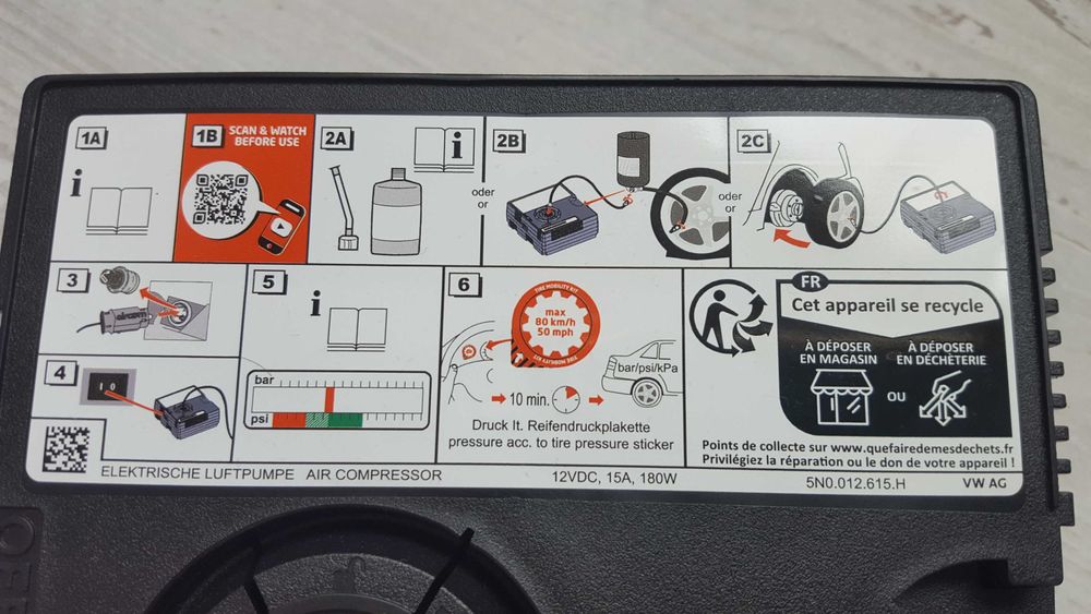 Нов оригинален VW AUDI AG компресор за гуми 15А 180W