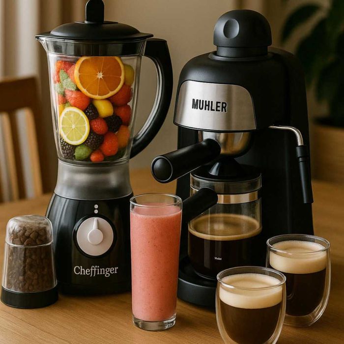 Комплект от еспресо машина  + 2 стъклени чаши и блендер с мелничка