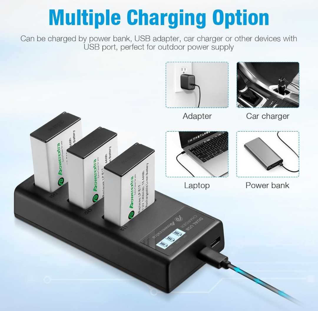 Батерии Powerextra LP-E17 3 бр. 1450mAh със зарядно 3 слота за Canon