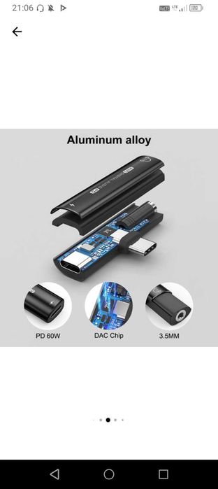 Adaptor audio si incarcator USB-C la Jack 3.5mm, 60 w PD universal