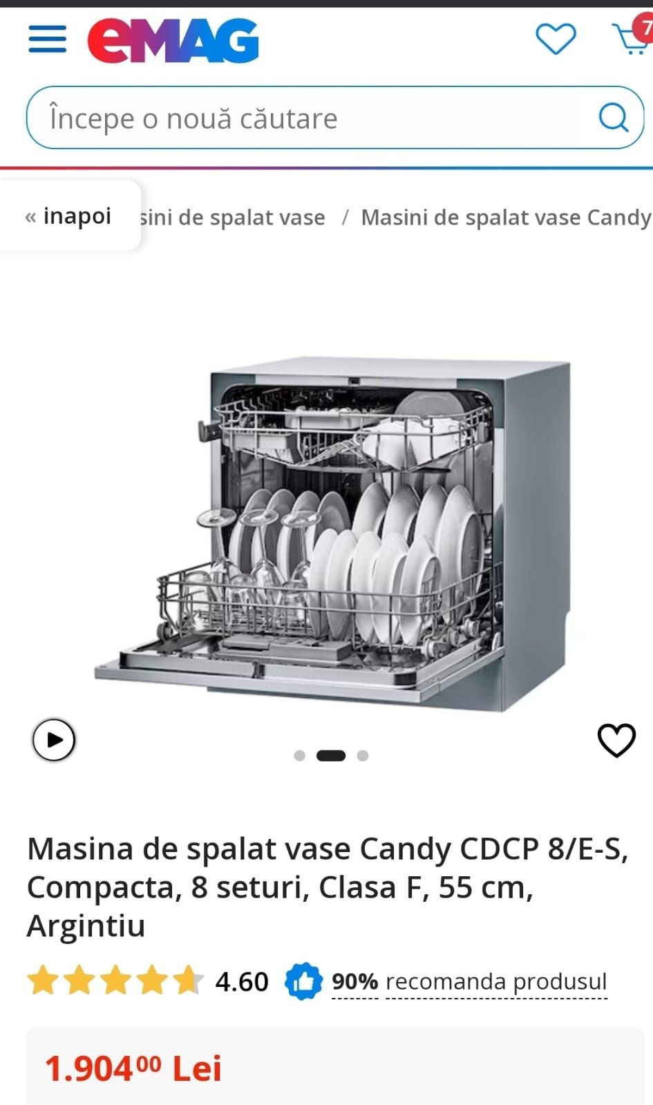 Mașina spălat vase Candy CDCP 8S/E-S,Compacta,8 seturi, 55cm, Argintiu