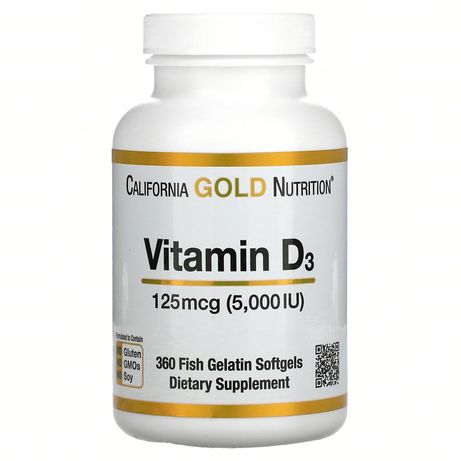 California Gold Nutrition Vitamin D3 5000 IU 360 Fish Gelatin Softgels