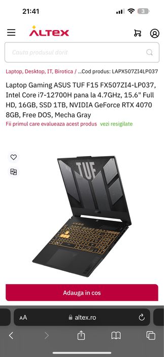 Laptop ASUS TUF F15 I7-12700H RTX4070 8GB SIGILAT