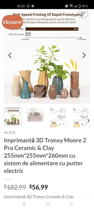 Imprimantă 3D Tronxy Moore 2 Pro Ceramic & Clay 255mm*255mm*260mm cu s