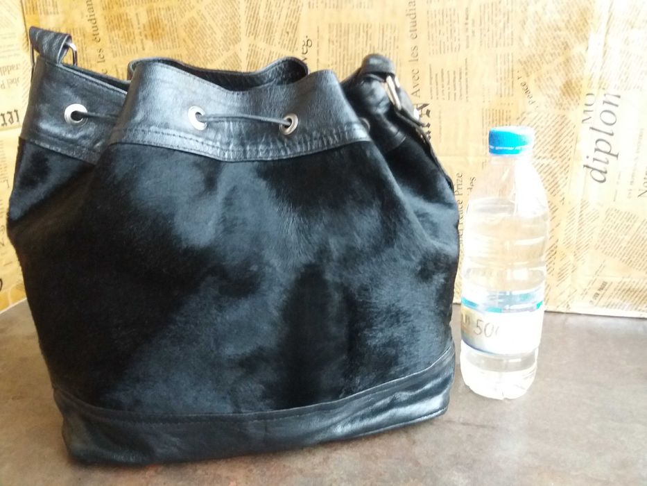 дамска чанта,черна малка кожена торба-естествена кожа и косъм