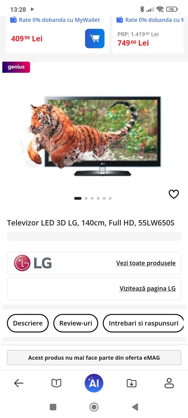Tv led LG 3d 140cm  55lw650s stare buna