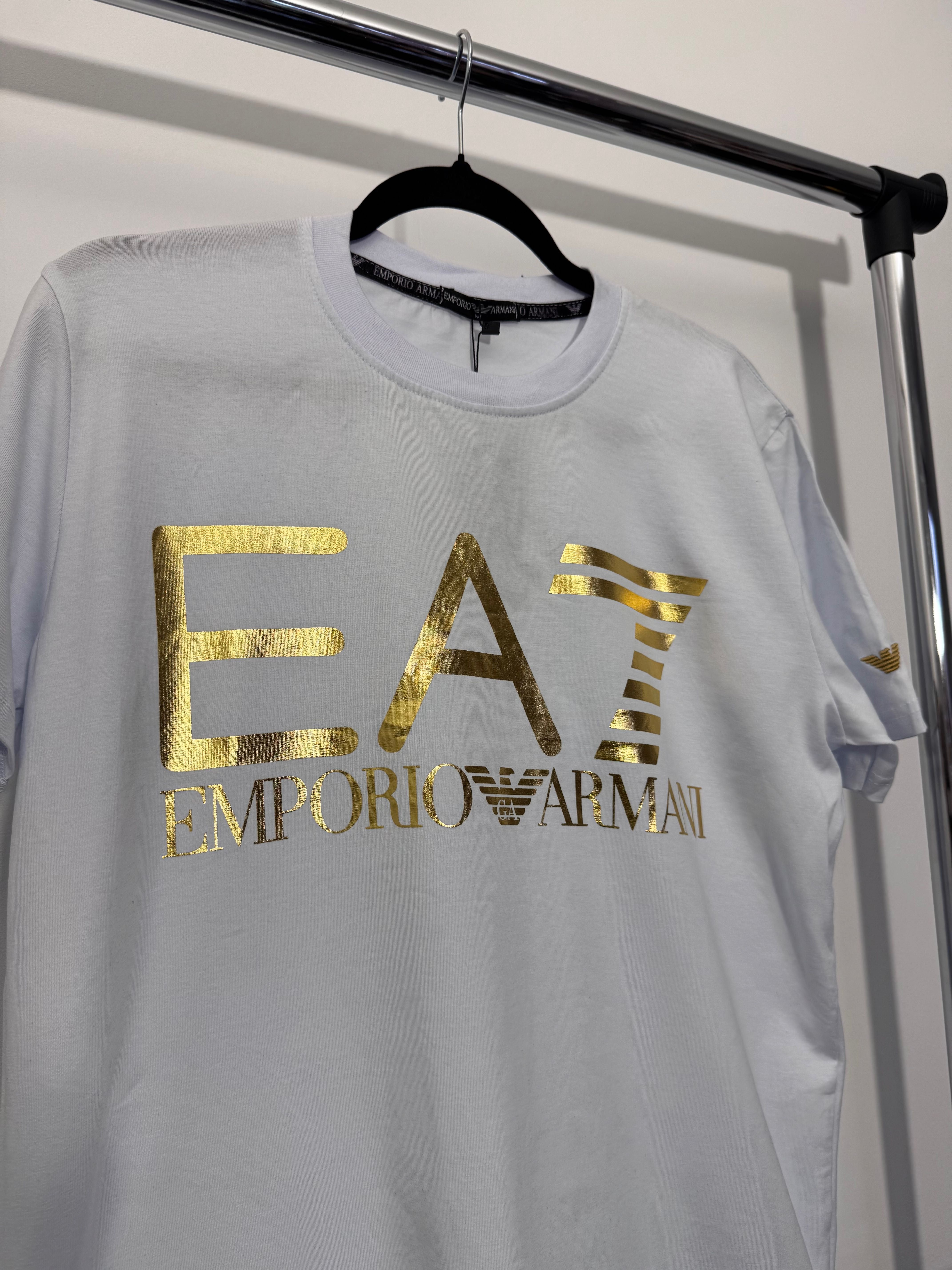 Tricou alb Emporio Armani PREMIUM cu logo auriu