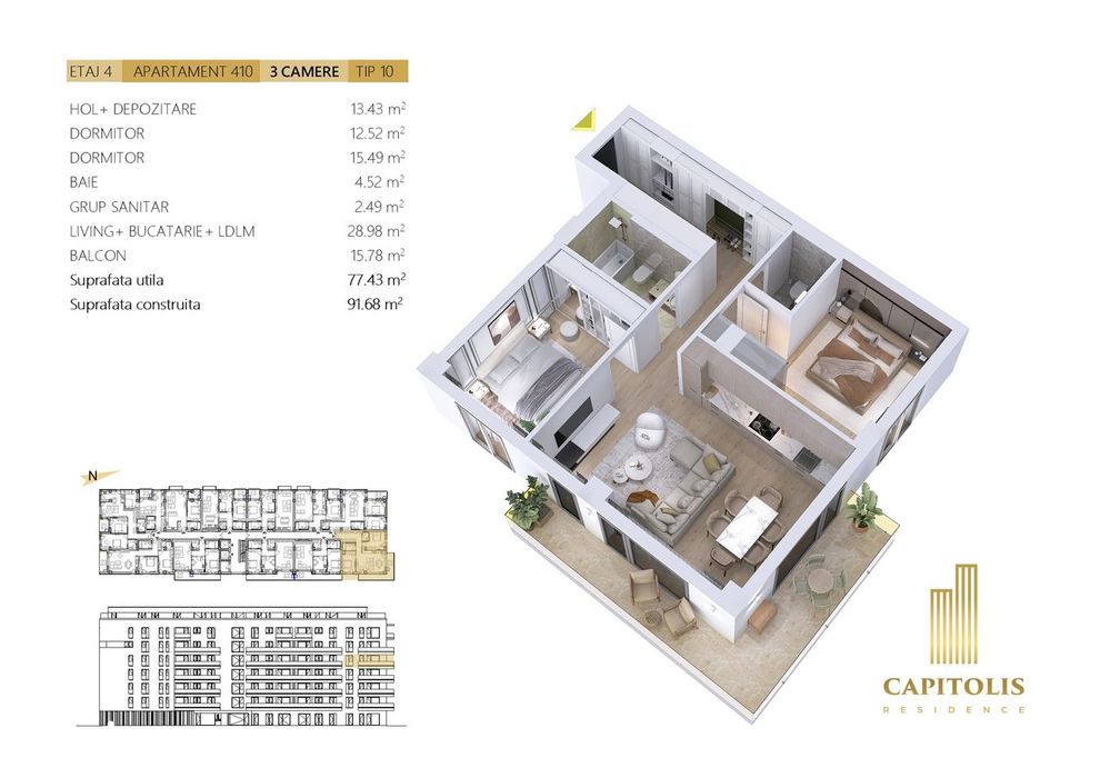 Apartament 3 camere cu terasa, etaj intermediar, Capitolis Residence
