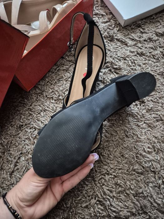 Sandale negre/crem toc gros