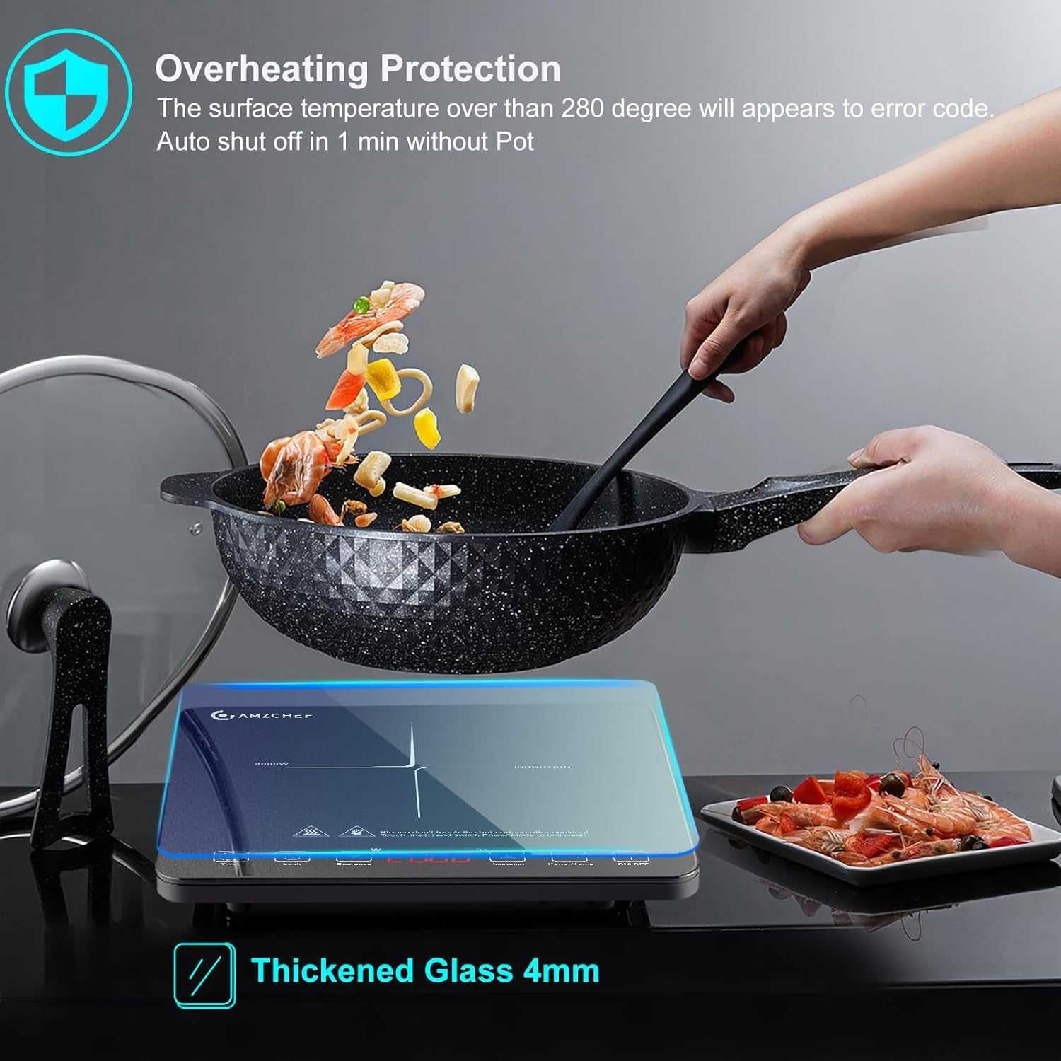 AMZCHEF индукционен котлон 2000W, 1 зона, ултра тънък дизайн