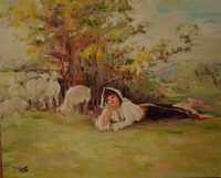 ,, Păstorița " replică pictată pe pânză, după Nicolae Grigorescu