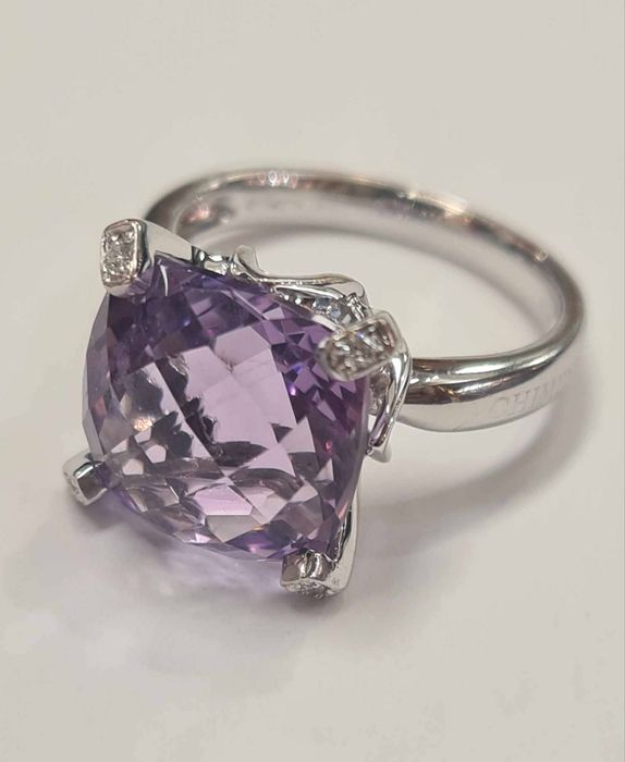 Inel din aur alb 18k, cu ametist natural si diamante naturale, IAU778