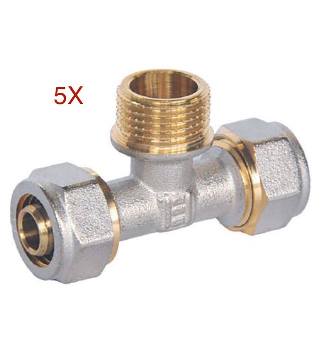 Set 5 bucati - Teu din alama egal pentru pexal cu diametrul de 20 mm