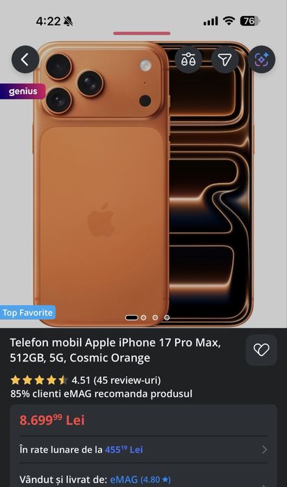 Vand Iphone 17 Pro Max 512GB Orange + folie