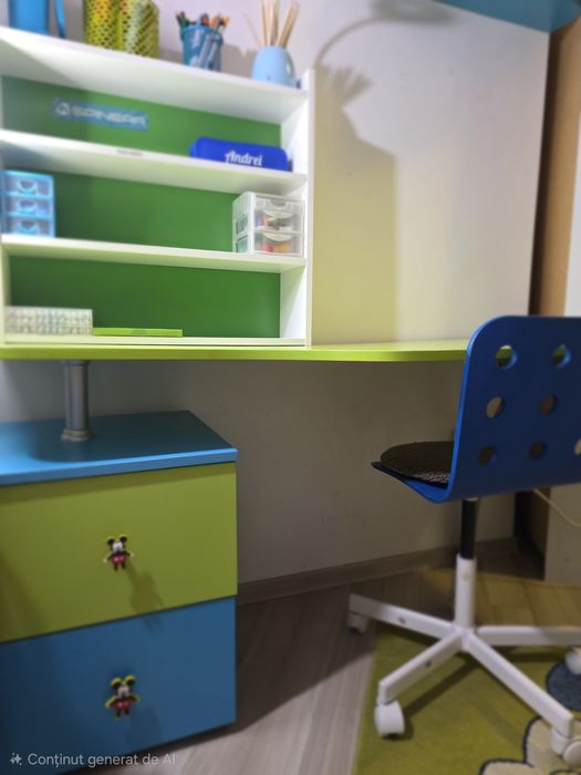 Birou pentru copii cu raft, dulap și scaun incluse
