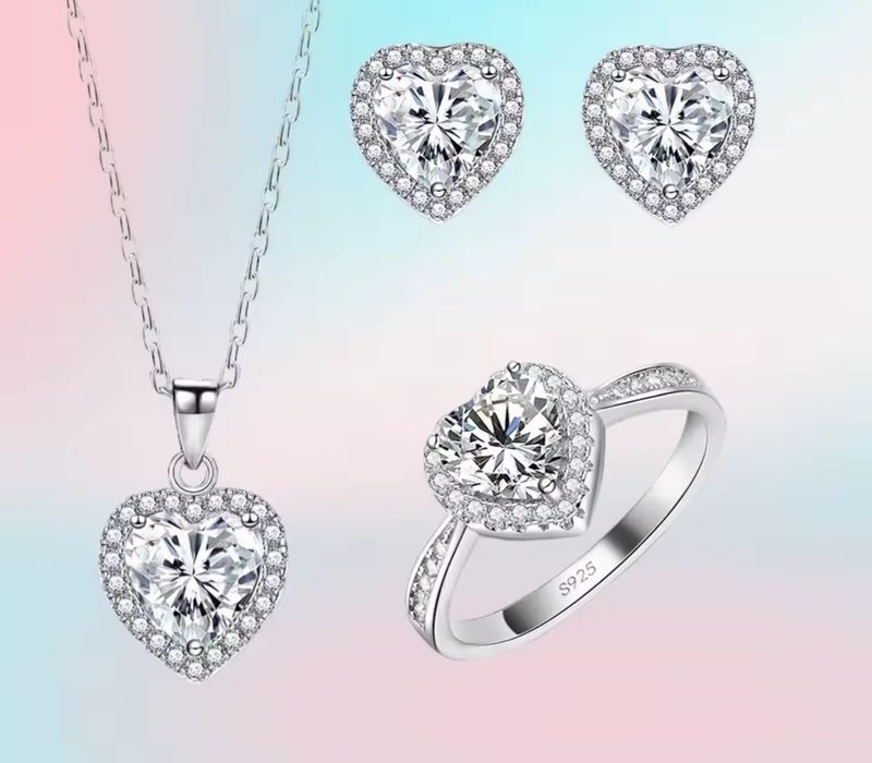 Set de bijuterii inima albă și zirconii, inel reglabil