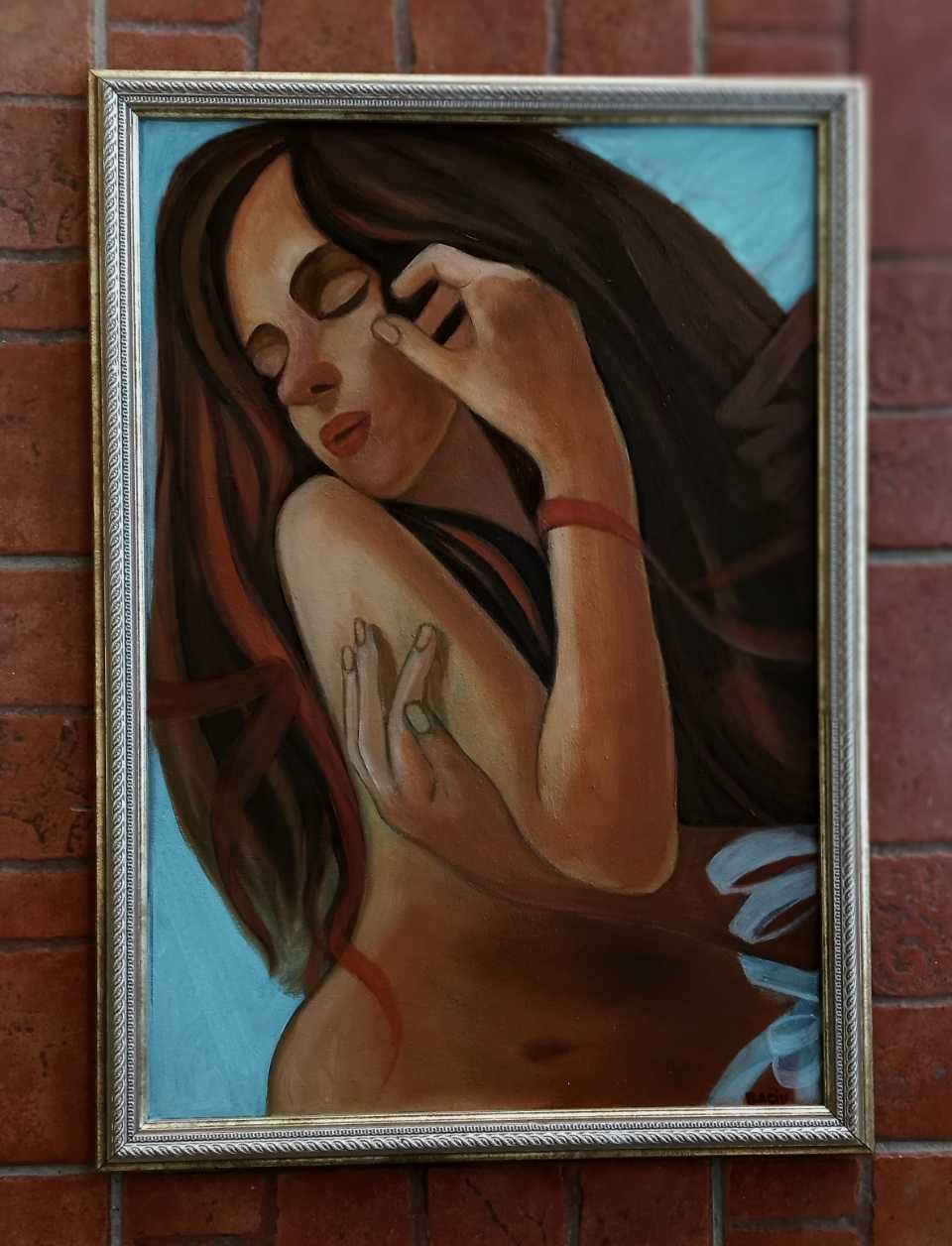 Tablou NUD pictat manual in ulei pe panza , 60x43 cm, rama lemn