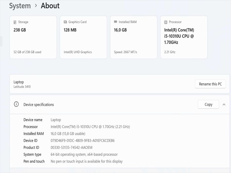 Лаптоп Dell Latitude 3410 14" i5-10310U до 4.4GHz/RAM 16GB/SSD 256GB