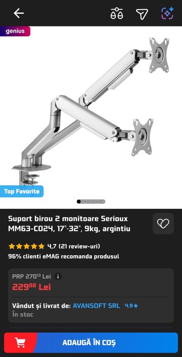 Suport birou 2 monitoare Serioux MM63-C024, 17″-32″, 9kg, argintiu