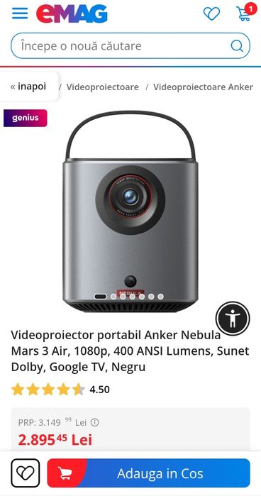 Videoproiector portabil Anker Nebula Mars 3 Air, 1080p, 400 ANSI Lumen