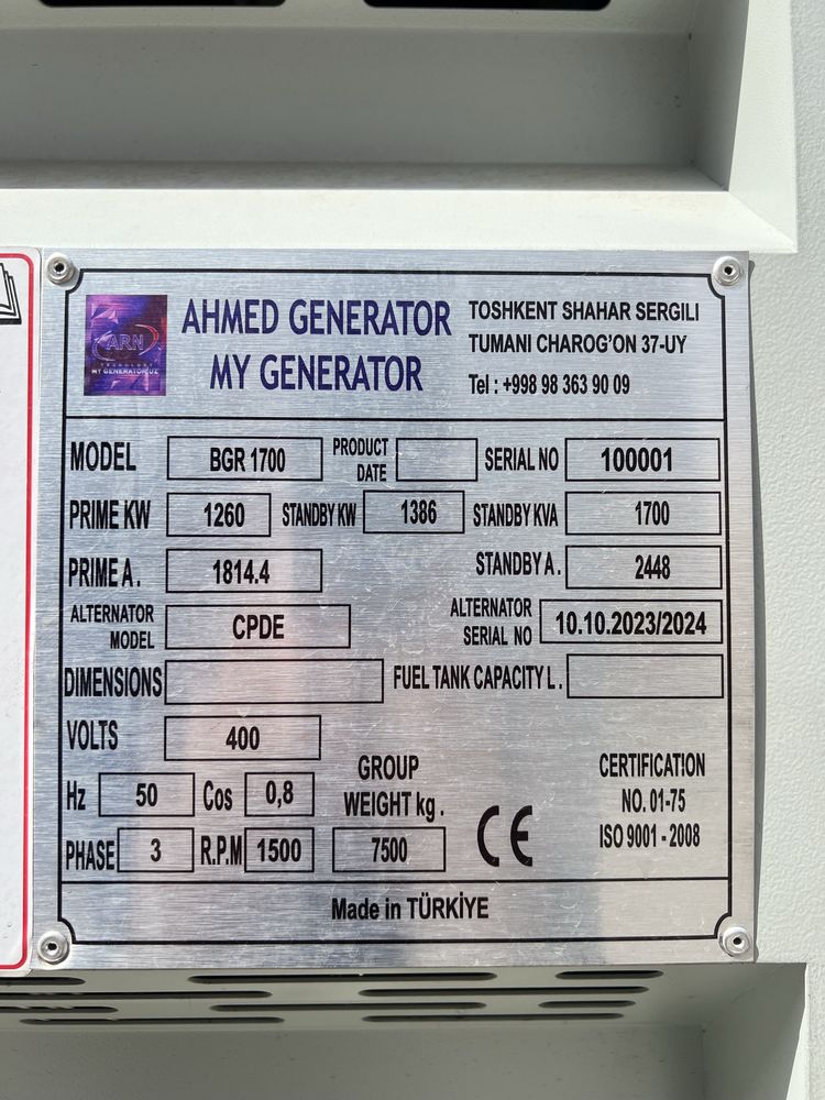 Generator Ahmed Turkiya  1386 Kwa 1200 Kw Dizel