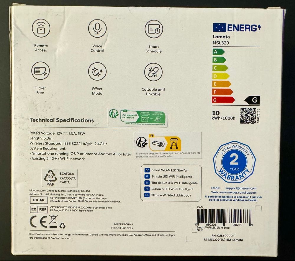 Banda Led Meross, Smart WiFi LED Strip MSL320 5m Control Vocal Noua