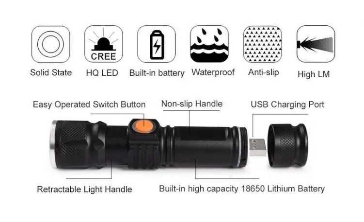 Lanterna camping outdoor LED acumulator intern USB & ZOOM!