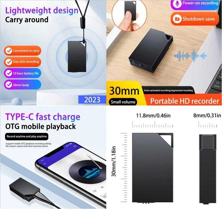 Автомоб 3см Невидим Диктофон Гласова Активация 2хМикрофона Подслушване